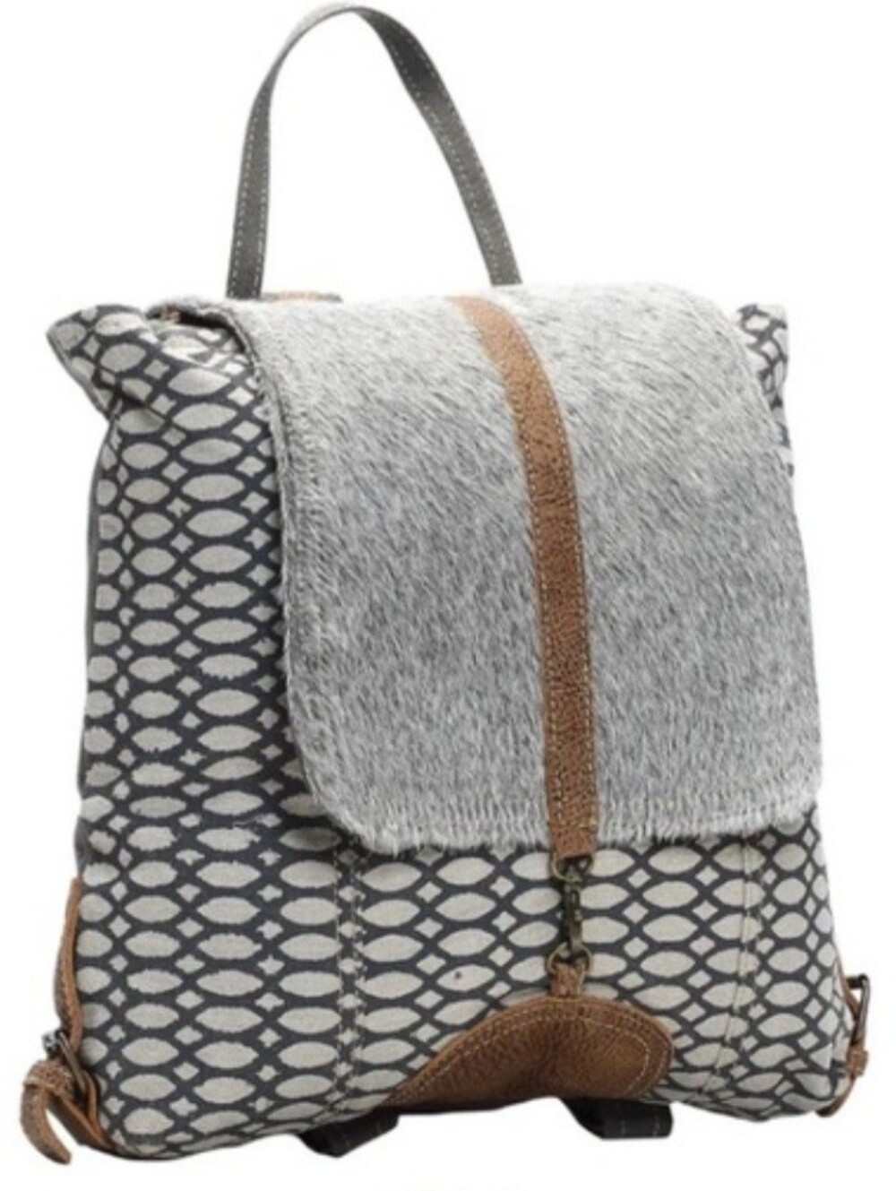 Myra Bag Gray Patterned Convertible Backpack with Faux Fur Flap